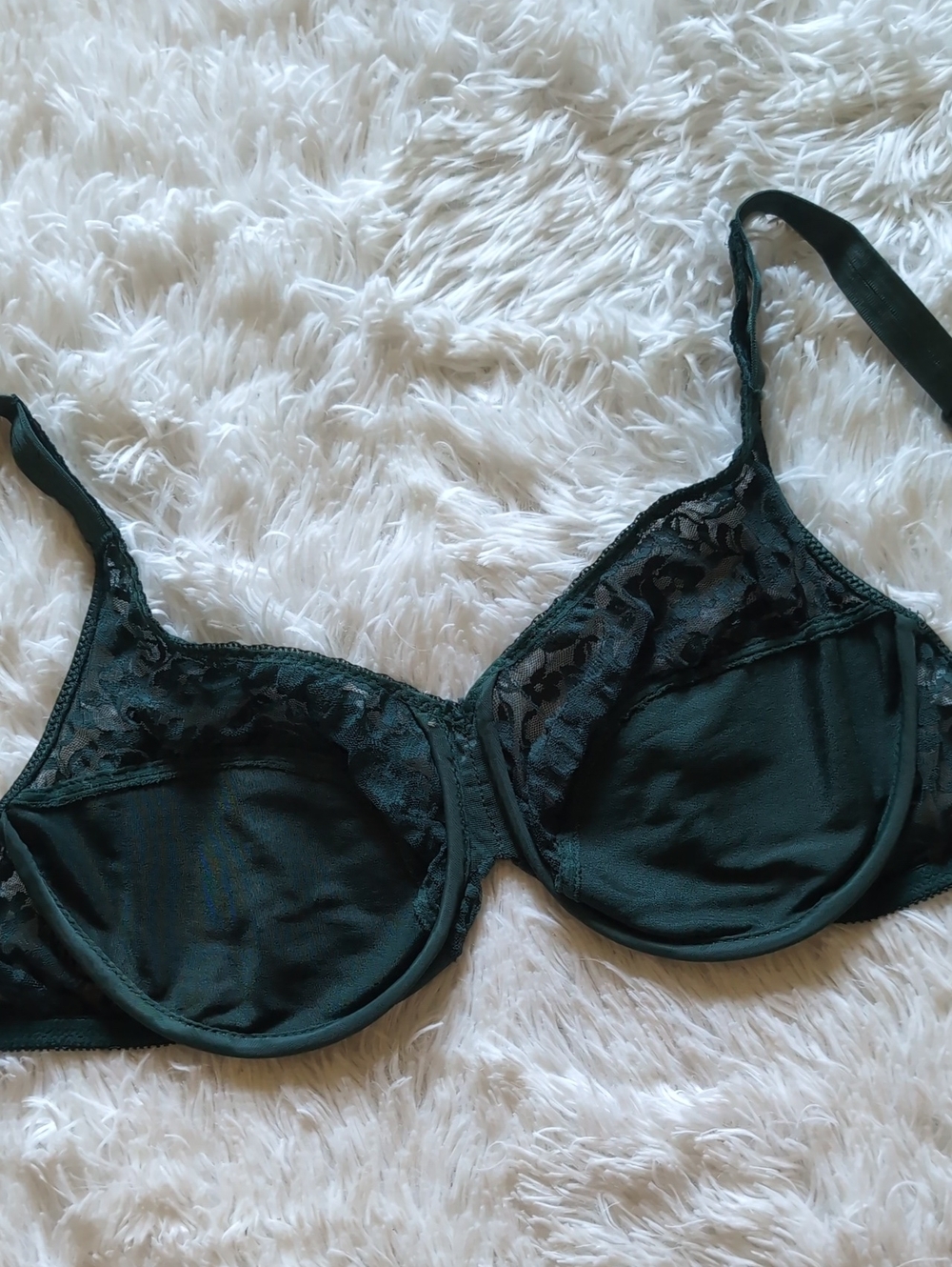 90s Vintage Lily of France Green Satin & Lace Unlined Bra w/ Underwire 36D - Picture 5 of 10